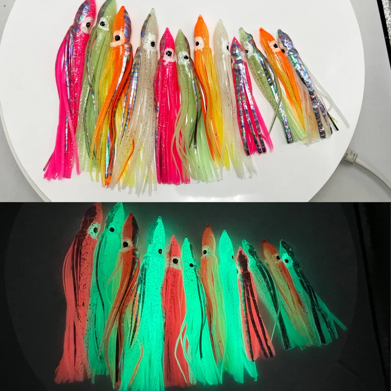 8/10/12cm saias de lula macia luminosa pesca no mar polvo fakebait atum isca de pesca biônico lula isca barco equipamento de pesca