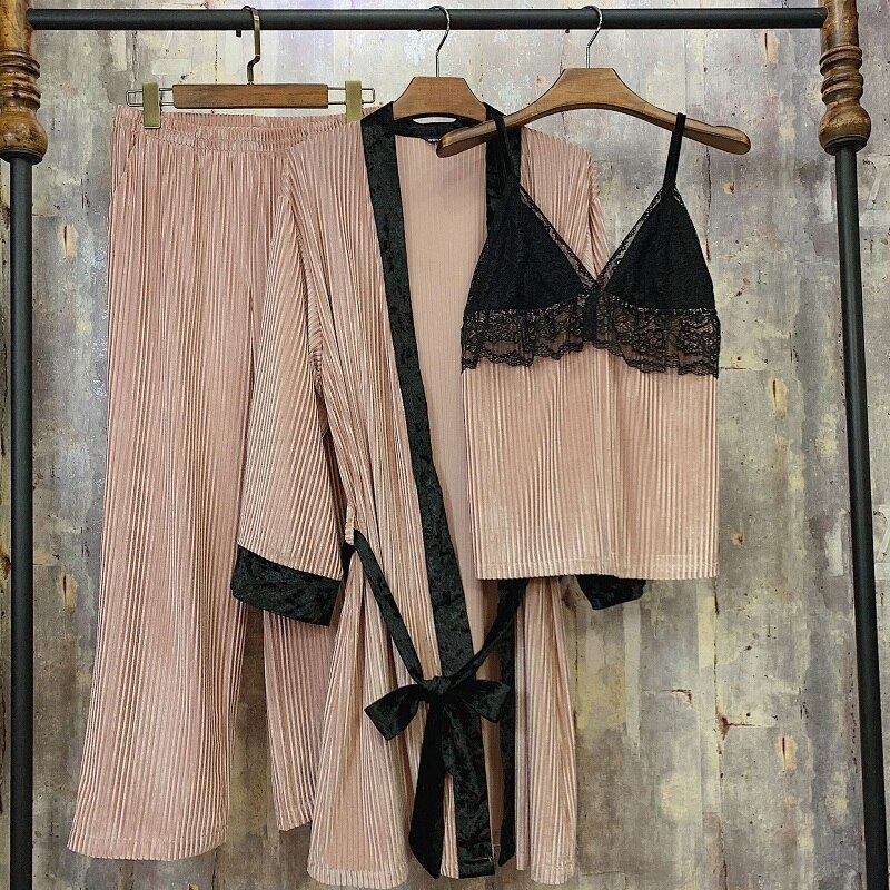 Høst- og vinterpyjamas tredelt dress, kordfløyel med blonder, behagelig og myk hjemmeklær, nattkjoledress.søvnetøy: Rosa