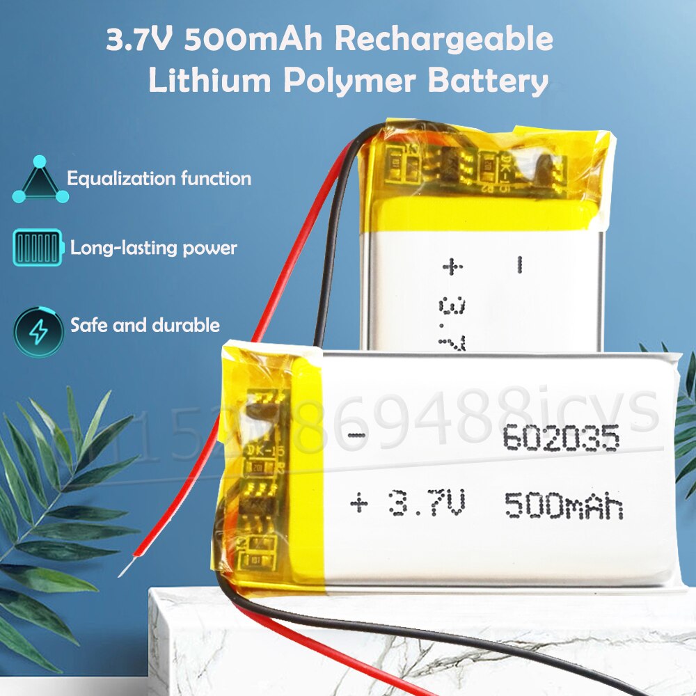 1-2PCS 3.7V 500mAh 602035 Rechargeable Lithium Polymer Battery For MP3 MP4 GPS DVR Smart Watch Bluetooth Headphone Lipo Cell