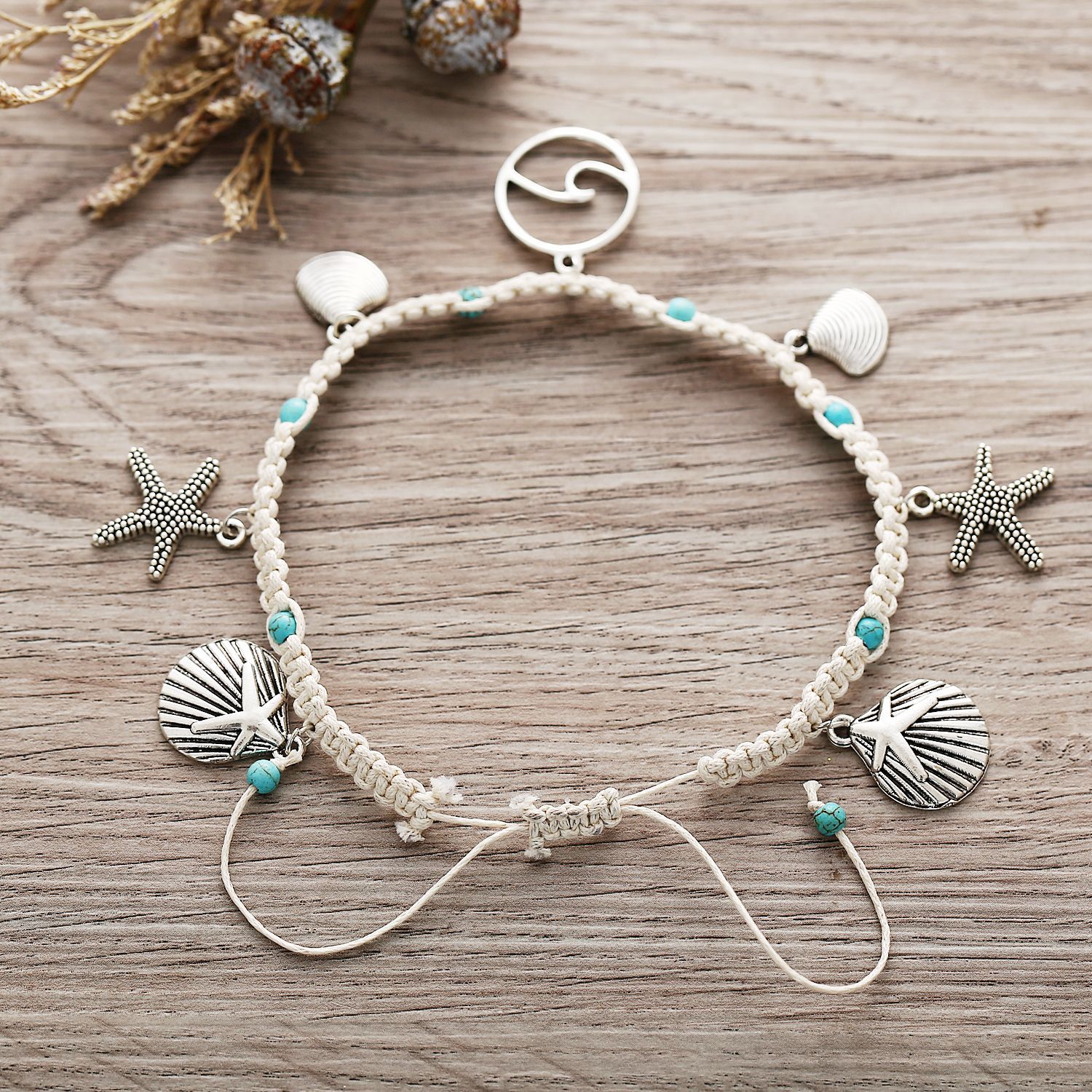 Bonlavie Strand Voet Sieraden String Zeester Wave Patroon Shell Hanger Ingelegd Enkelband