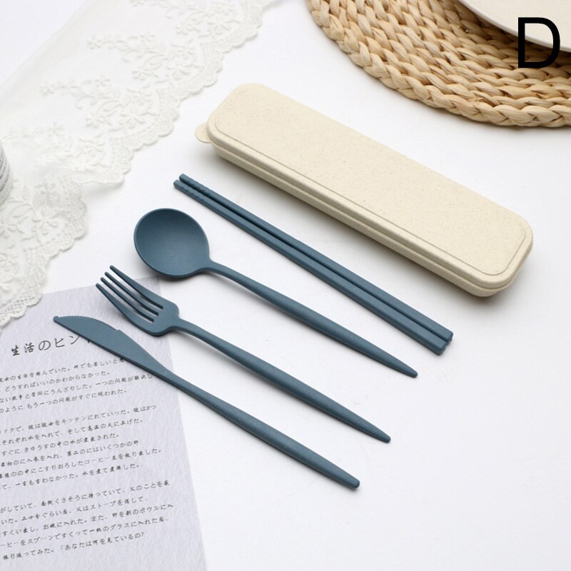 Wheat Straw Cutlery Set Cutlery Fork Spoon And Chopsticks Portable Cutlery Set Solid Color Storage Cutlery Set: D