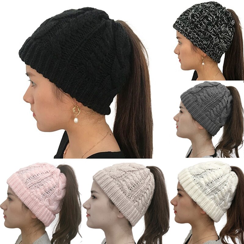 Ladies Girl Stretch Knit Hat Ponytail Beanies Winter Knitting Hats Winter Women Hat Holey Warm Hats Caps