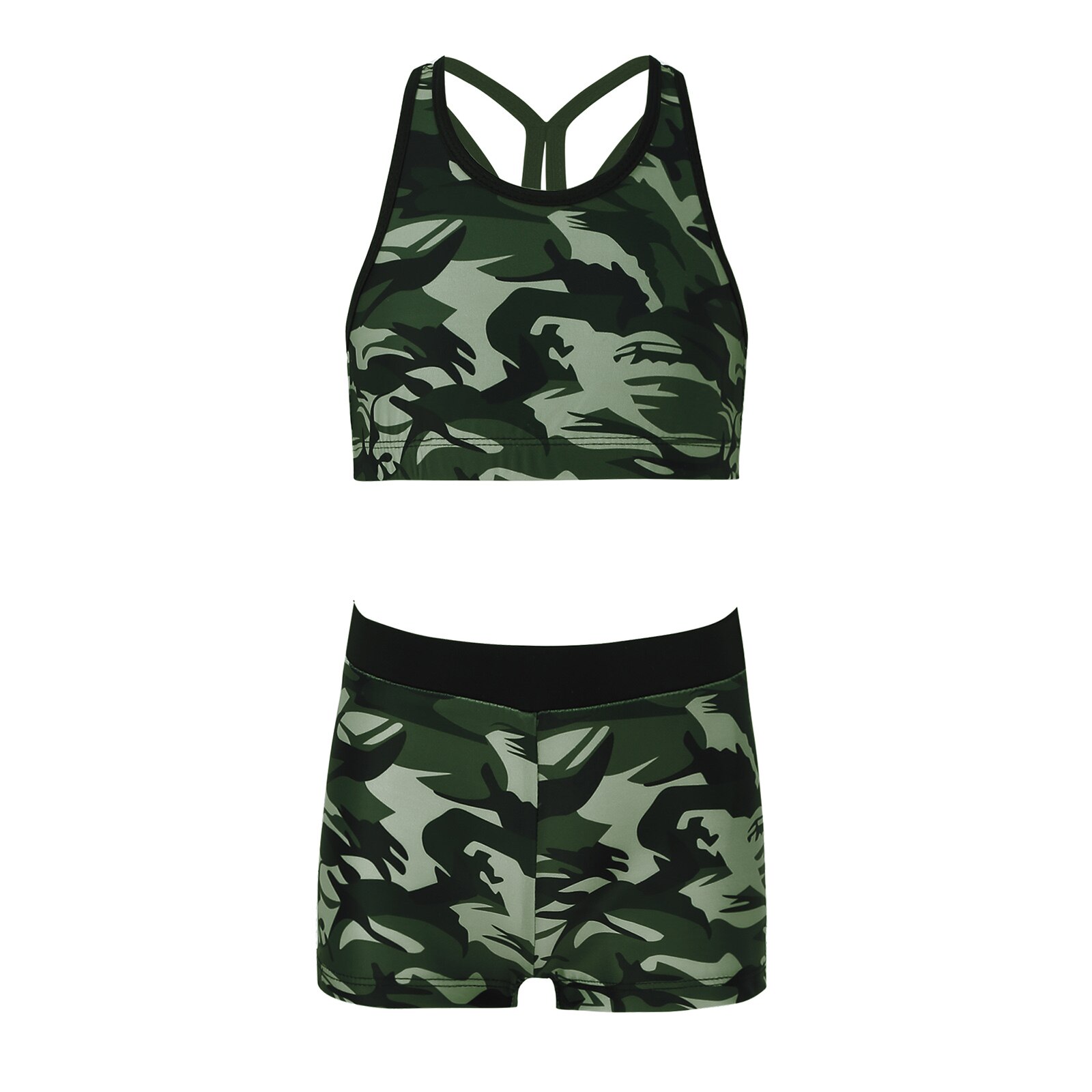 Meninas duas peças impresso maiôs de banho tanque + shorts crianças fatos de treino ballet ginásio roupas de verão das crianças fatos de banho: 14 / Camouflage Green