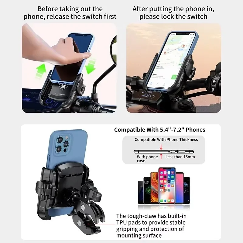 Motorcycle Bicycle Phone Holder Fast Charging USB-C Charger Moto Motorbike Mirror Stand For 4.7-7.2” Smartphones Handlebar Mount