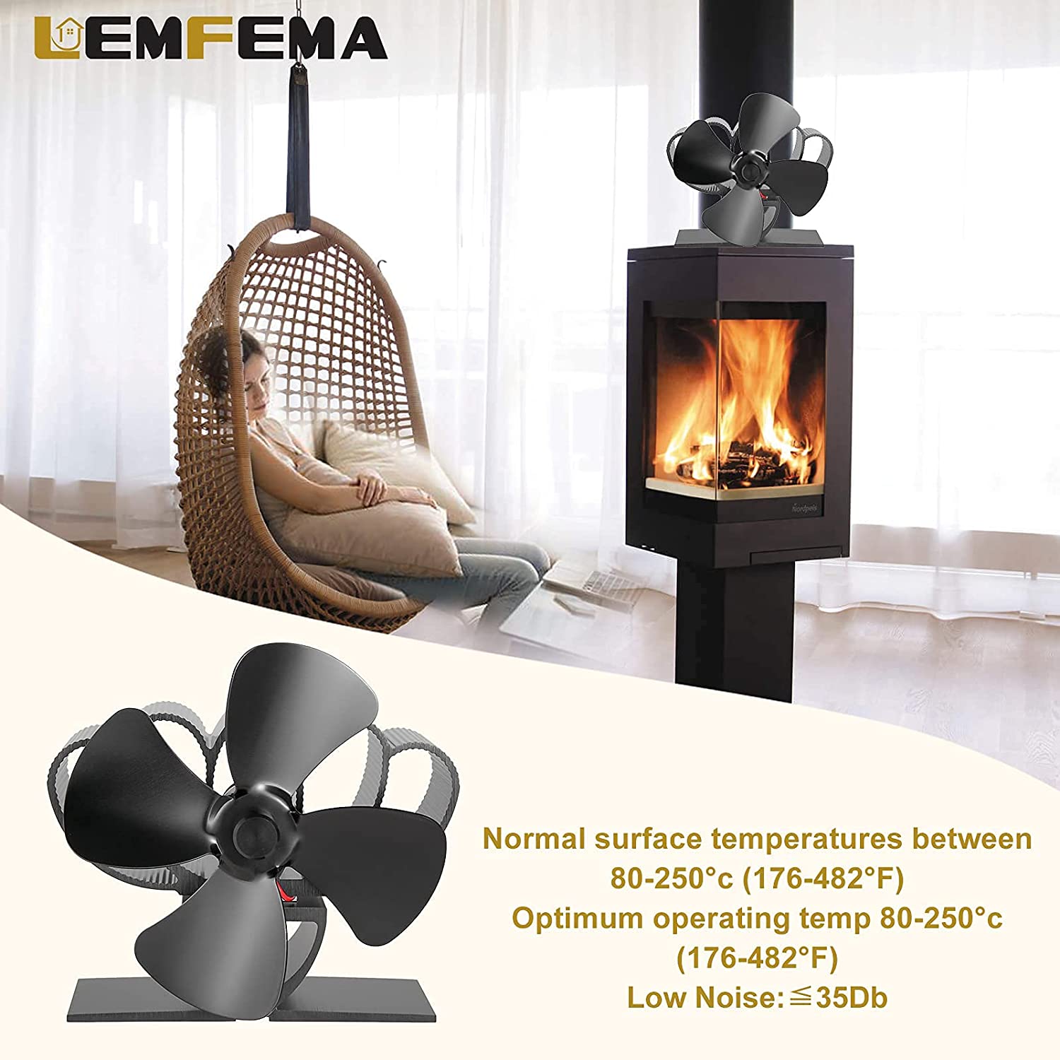 1 Set Mini 4 Blade Kachel Ventilator Warmte Aangedreven Pellet Kachel Fan Thermometer Oven Hout Brander Eco Fan Haard Accessoires