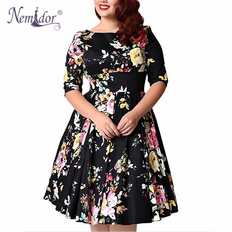Nemidor kvinder 1950s vintage halværmer plus størrelse 8xl 9xl print a-line kjole sexet v-lav ryg fest midi swing kjole: Sort / 8xl