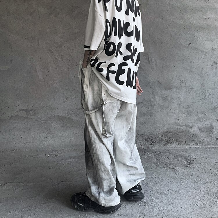 Mænd vintage graffiti printet denim bukser elastisk talje løse lige jeans bukser hip hop streetwear casual joggers jean bukser