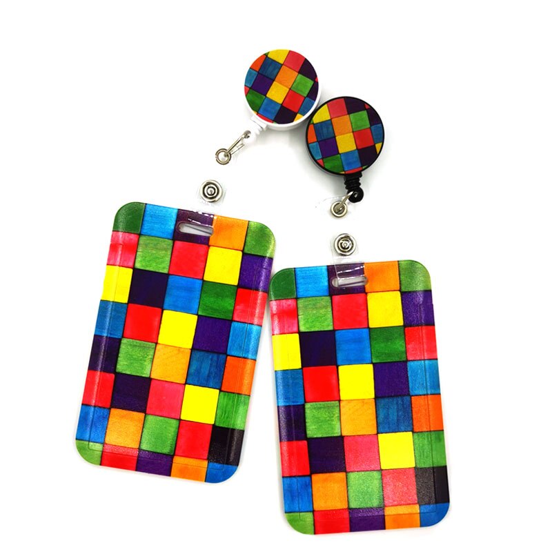 Rainbow lattice Pattern Horizontal ID Retractable Badge Holder ID Badge Holder Clip Name Card Keychain Nurse Work Decorations