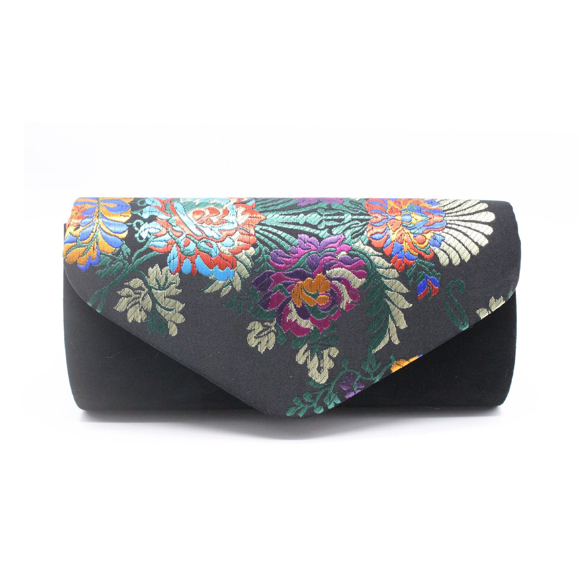 Womens Leuke Kleine Bloem Geborduurde Silklike Fluwelen Clutch Evening Clutch Purse Bag Vrouwen Etnische Bloem Kettingen Partij Handtas: Black