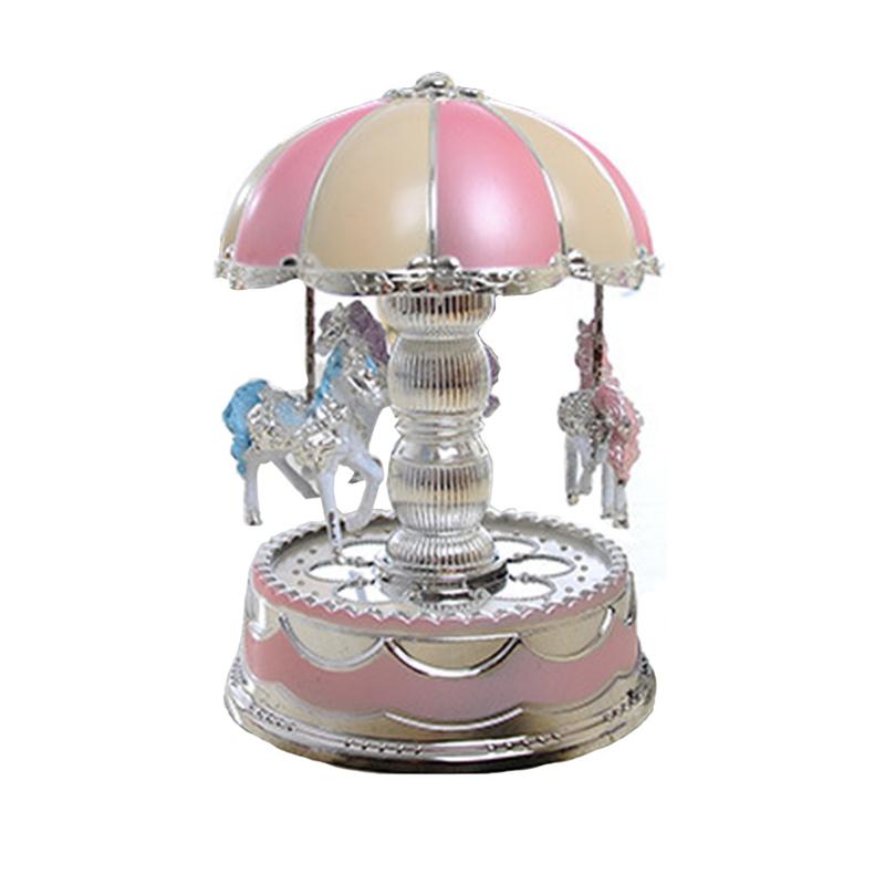 Luxury Carousel Music Box 3 Horses Rotate LED Light Luminous Rotation (Pink): Pink