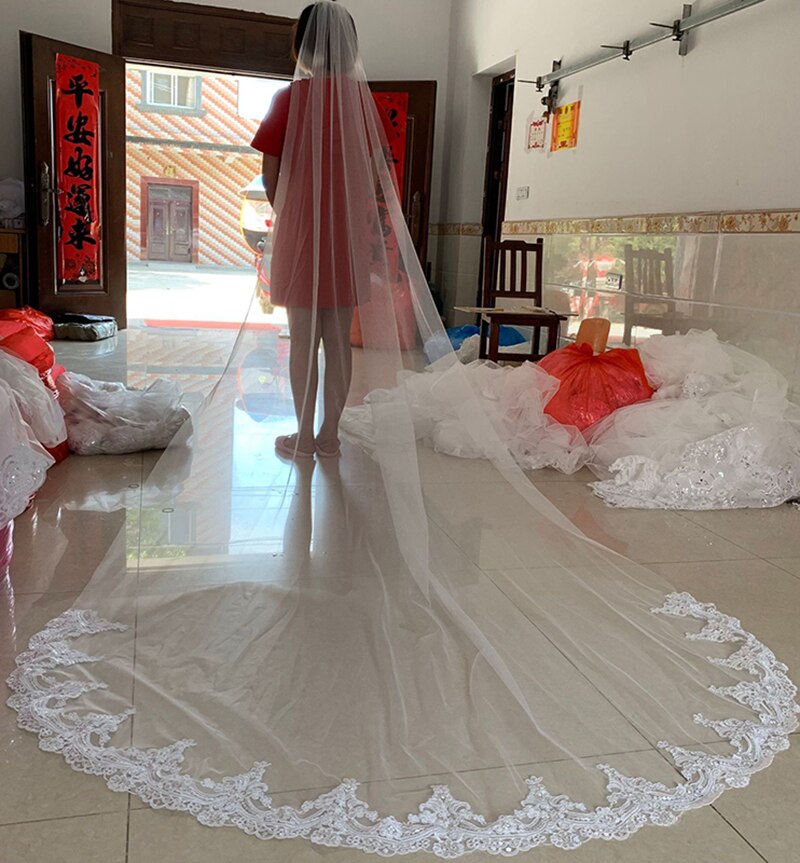 Véu de noiva branco/marfim, véu de casamento longo de 3m com borda de renda única camada catedral, acessórios para vestido de casamento fotos reais