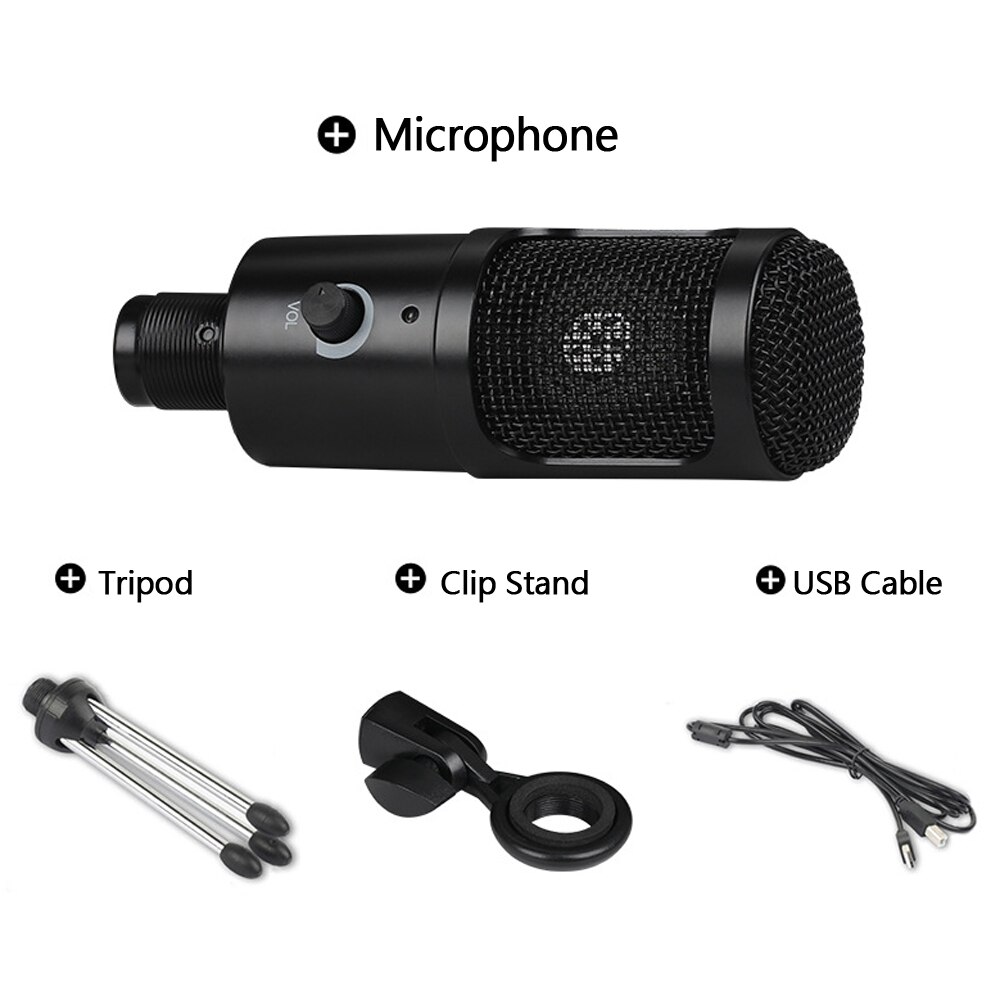 USB Condenser Microphone for Computer Karaoke Studio Microphone for Gaming Recording Broadcasting Mic with Clip Tripod Stand