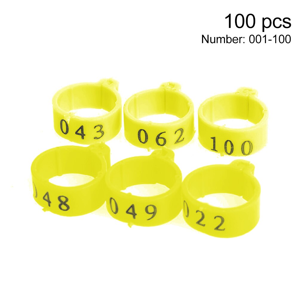 100 stk. klipsbånd mini fugle papegødu 001 til 100 nummerert fôringe gjenbrukbare fjærfe ben ringe kyllinger ender gås 16mm: Gul