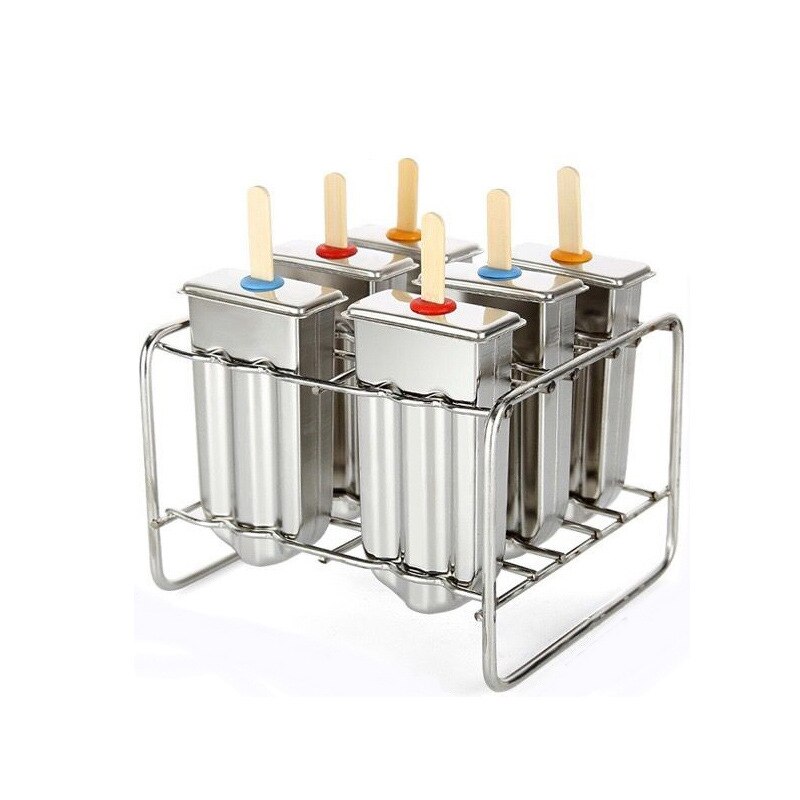 6 Mould Stainless Steel Molds Ice Lolly Popsicle Ice Cream Holder