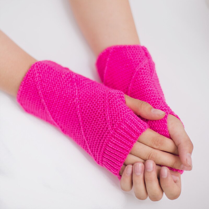 Femme mignon couleur unie gants doux au Crochet à tricoter épais hiver gants sans doigts demi doigt facile à taper gants extensibles: Rose Rouge