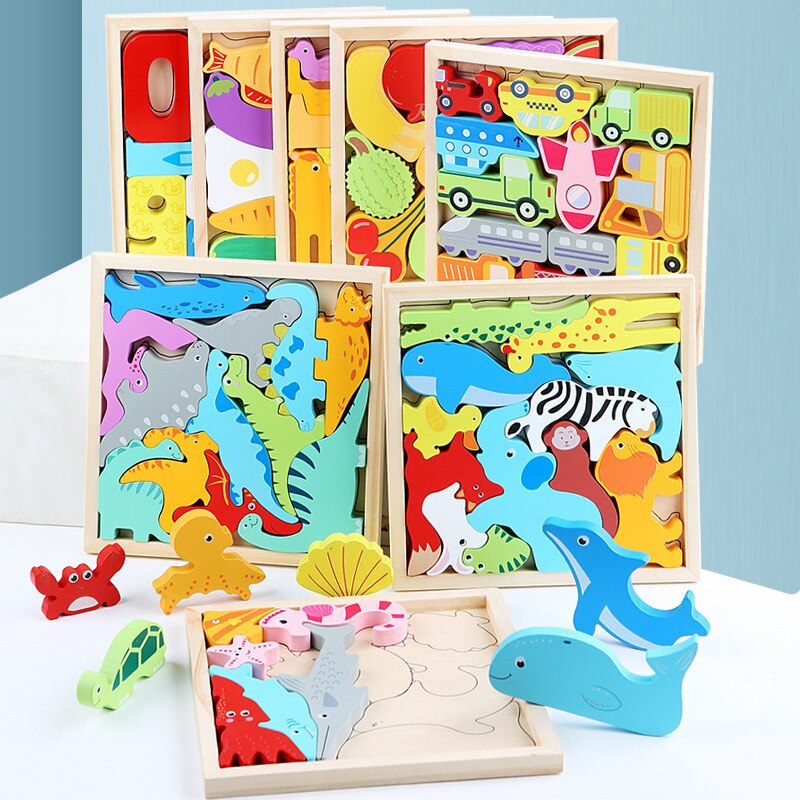 Cartoon Dier 3D Puzzel Hout Speelgoed Voor Kinderen Baby Hand Greep Board Groente-en Voertuig Houten Puzzels speelgoed