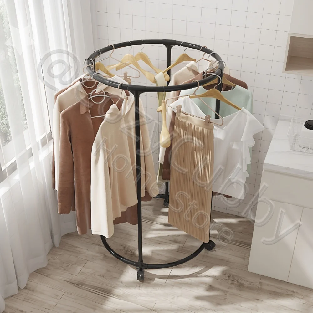 CC Kledingwinkel Displayrek Gouden Ronde Metalen Roterende Kledingstandaard met Wielen Beweegbare Ringvormige Kleding Organizer Rack