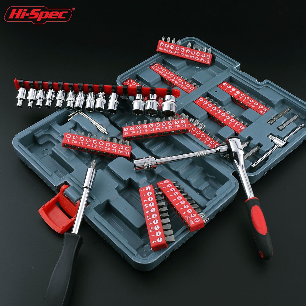 Hi-Spec 126pc Mechanics Car HandTool Set Ratchet Wrench Socket Set for Auto Motorcycle Repair with Plastic Toolbox Storage Case