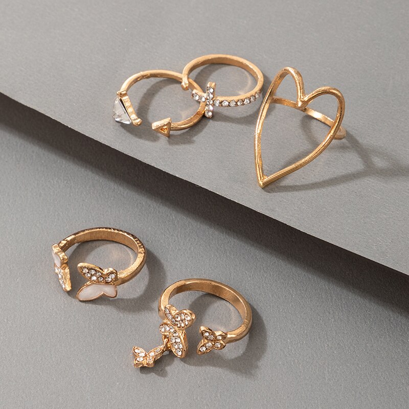 Docona 5 unids/set mariposa abierto conjuntos de anillos para dedos para las mujeres geométricos irregulares amor anillos de cristal mujer joyería