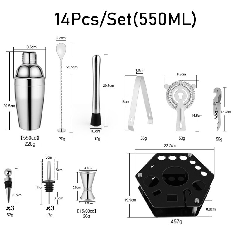 Stainless Steel Cocktail Shaker Bar Set Mixer Cocktail Shaker Wine Martini Boston Shaker Drinkware for Party Bar Tools 550/750ML: 14Pcs 550ML