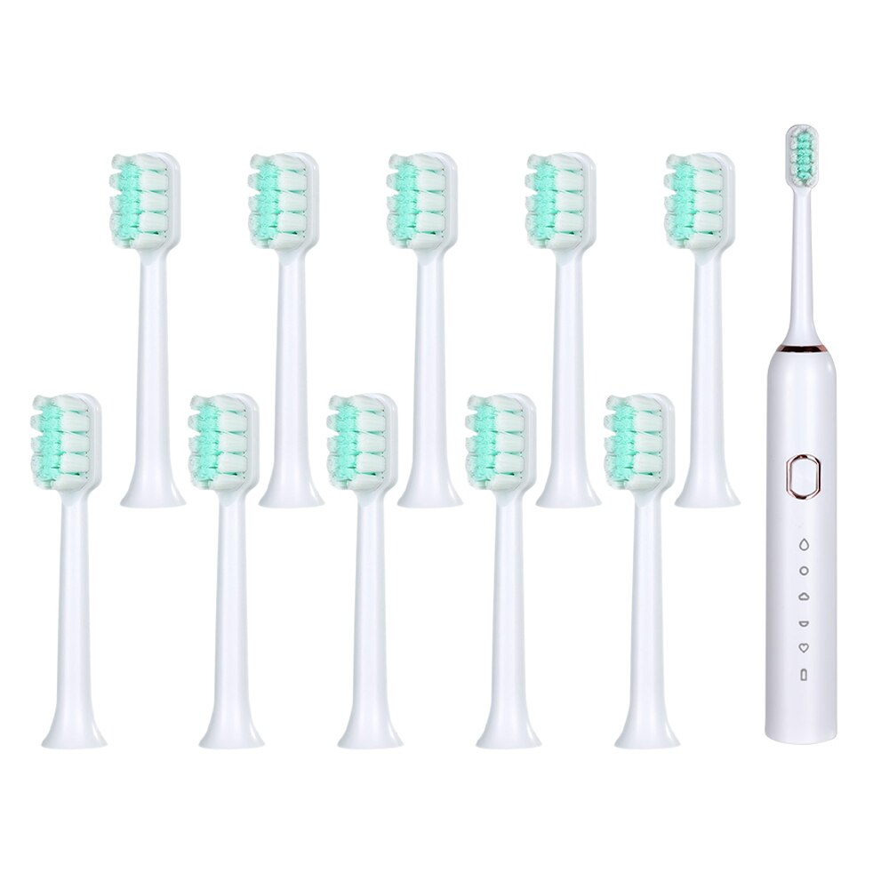 Intelligent Automatic Electric Toothbrush Adult 5 Modes Tooth Brush USB Charging Waterproof Tooth Whitening tooth Heads Set: 1set white and 10TB