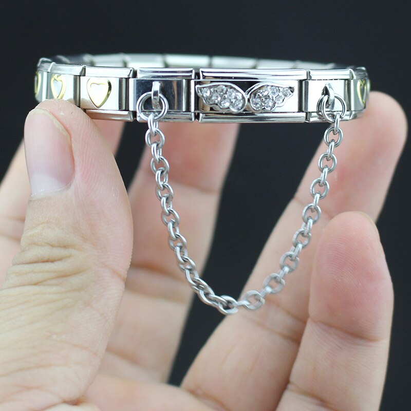 Glücks-Armbinde für damen aus edelstahl, 9mm- teilig, mit flügelgliedern, blumen- und herzanhänger, armreif, schmuck  g64-10