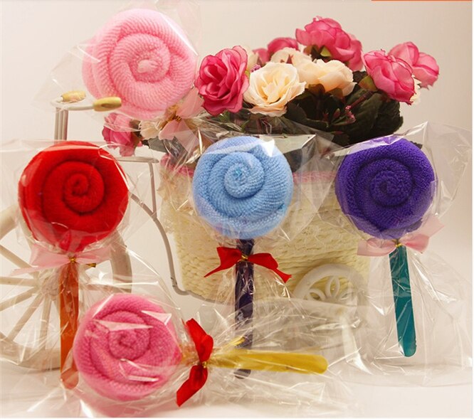 Toalla de algodón para pastel de piruleta, dulces de colores, , toalla encantadora para guardería, de cumpleaños y boda, 20 unids/lote