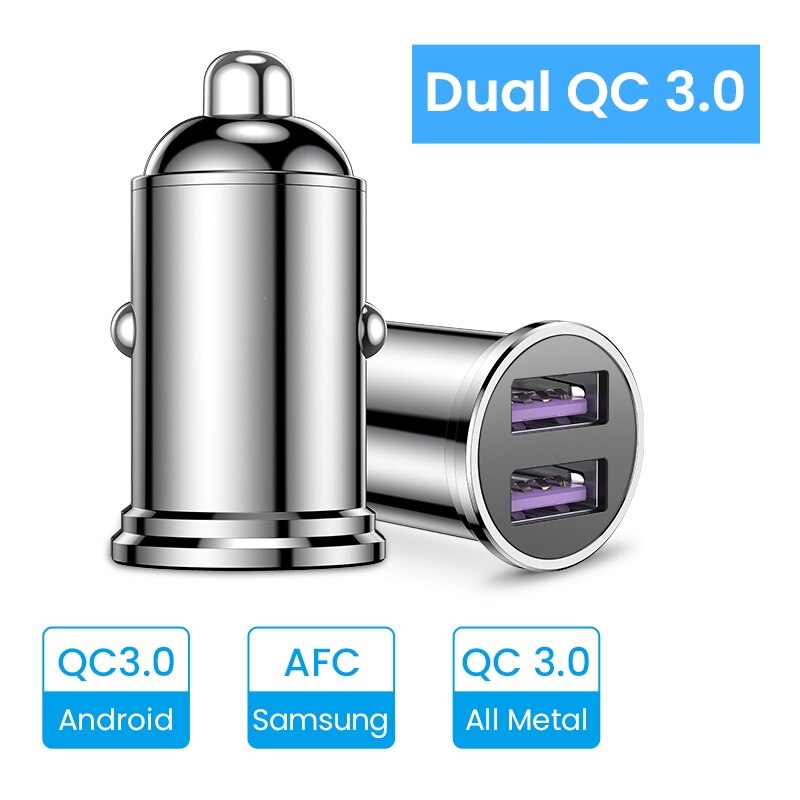 36W QC 3,0 schnell aufladen Dual USB Auto Ladegerät Alle Metall Auto Auto Ladegerät Mini Auto Telefon Ladegerät für iPhone Samsung Huawei Xiaomi: Silber- Dual QC 3.0