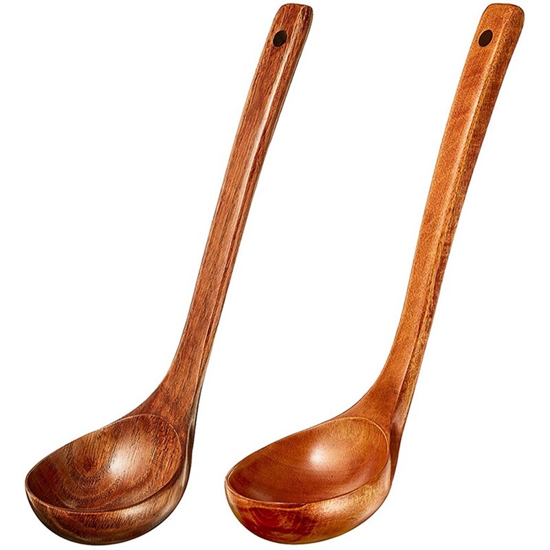 2Pcs Wooden Soup Ladle Long Handle Large Spoon With 2Pcs Wooden Ladle Soup Spoon Long Handle Ladle Cookware