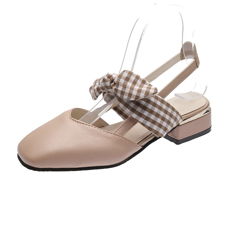 Fairy Tale Plaid Bow Tie Slingback Women Sandals Covered Toe High Heel Shoes Women Slip on Square Toe Sandals: Pink / 34