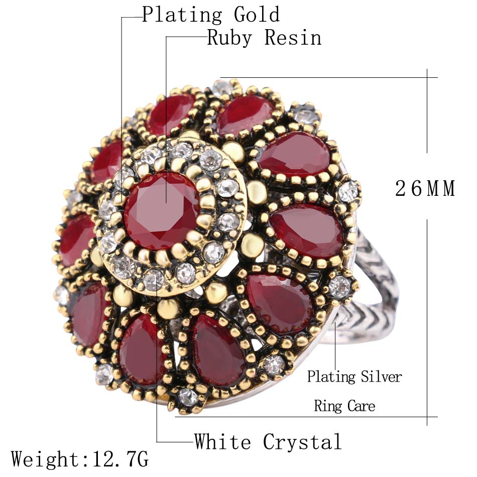 Kinel Heißer Blume Kristall Hochzeit Ringe Für Frauen Jahrgang suchen Runde Farbe Gold Mosaik verrotten Harz Türkei Schmuck