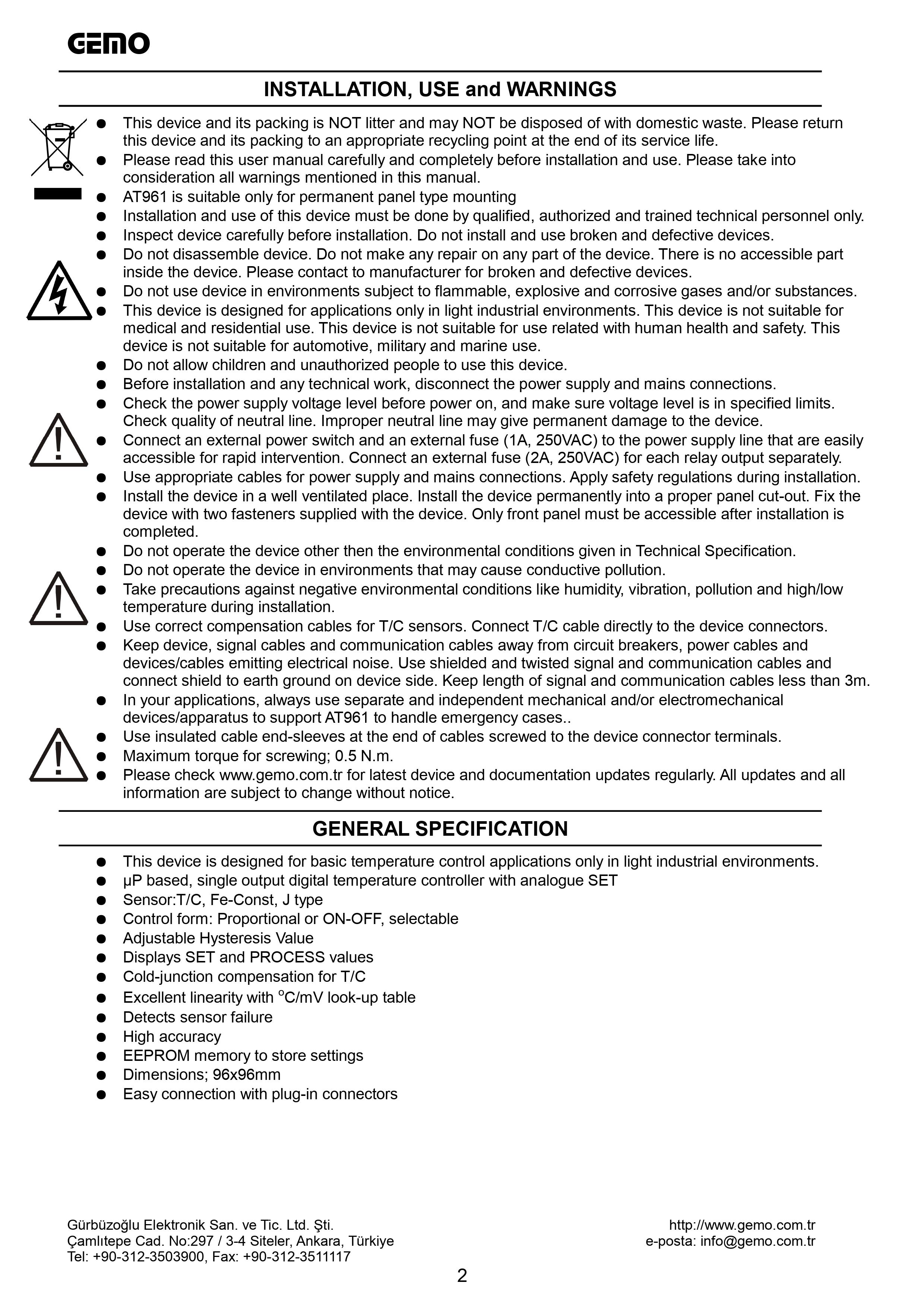 AT961-230VAC-R ; Gemo ON/OFF Temperature Controller with Analog SET 96mm x 96mm front size