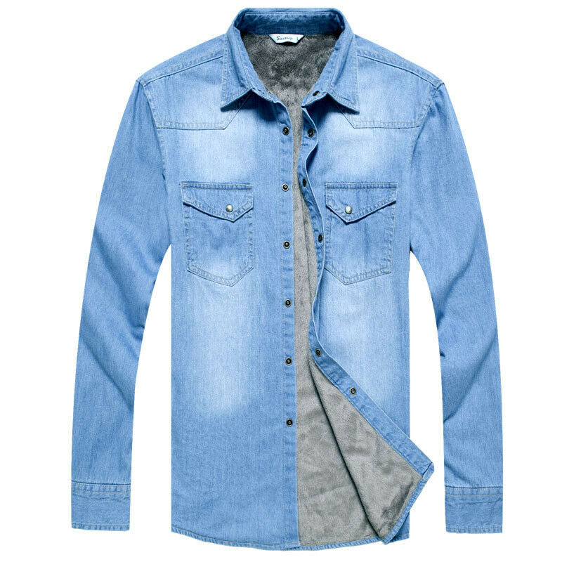 Herre vinter jeans skjorte varm fleece foret fløjl denim skjorter bundskjorte dd