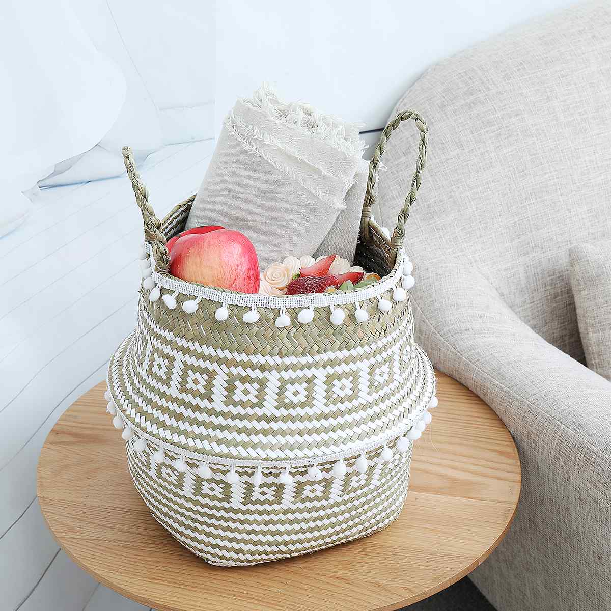 Cesta de almacenamiento tejida para algas, Cestas colgantes de mimbre para plantas, florero de jardín, maceta plegable con asa y bola pequeña