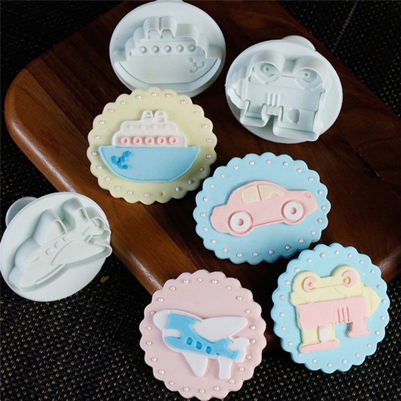 4 Stks/set Auto Vliegtuig Truck Set Plastic Plunger Cutter Cookie Mold Embossing Cake Decorating Tool Fondant Mal