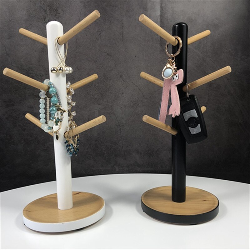 Estante de exhibición colgante de madera para tazas estantería para vasos con 6 ganchos en forma del árbol soporte de madera para taza para té y café