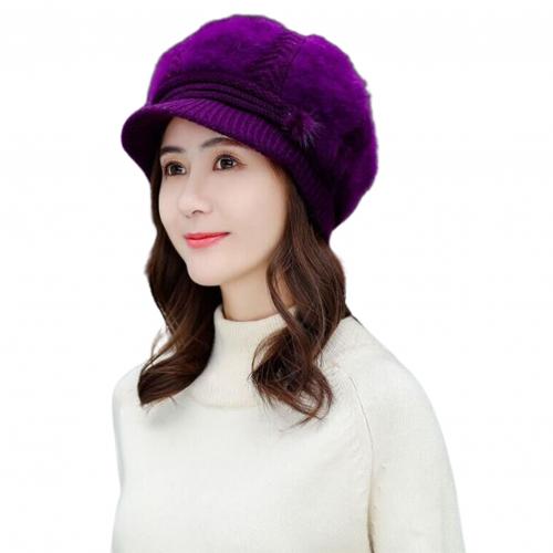 Winter dames gebreide baret muts met klep verguld roze wijnrood warme zachte effen muts dames imitatiebont muts: Wijnrood