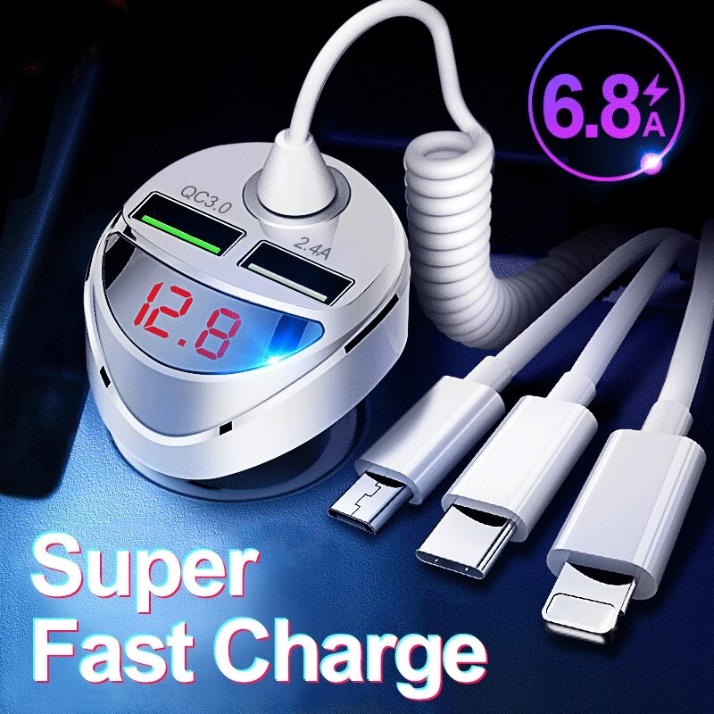 Qc 3.0 Quick Car Charger Met 3 In 1 Usb-kabel Voor Iphone 11 7 Samsung Xiaomi Huawei Micro Usb type C Snelle Telefoon Charge Charger