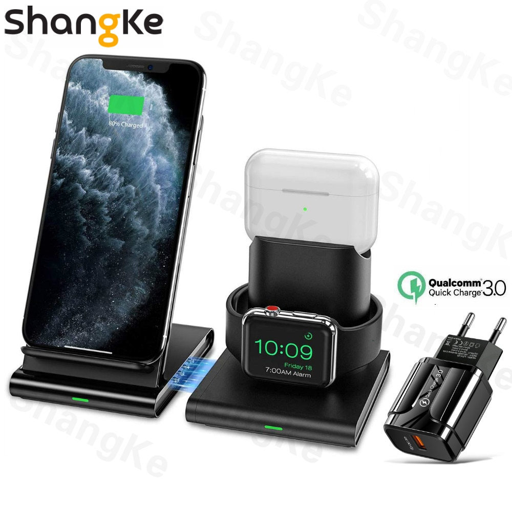 Wireless Charger Stand Qi Wireless Charging Dock Station Compatible Apple Watch Series 2/3/4/5 AirPods Pro iPhone X 11 XR 8plus