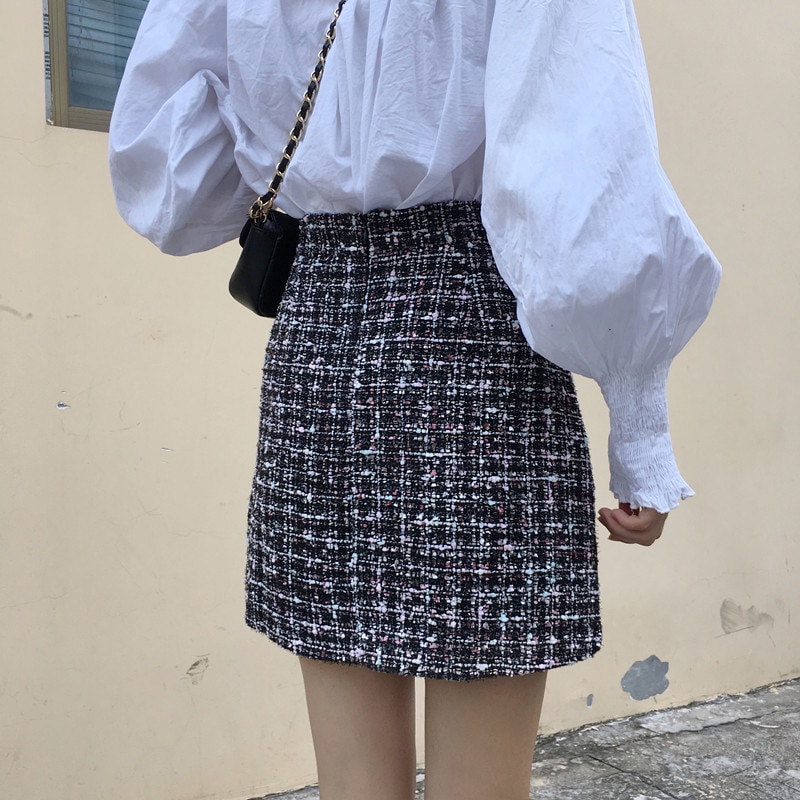 Vintage Winter Tweed Skirts Women Autumn Mini Pencil Skirts Plaid Wool Skirts Korean Bodycon High Waist Tweed Skirt Lady