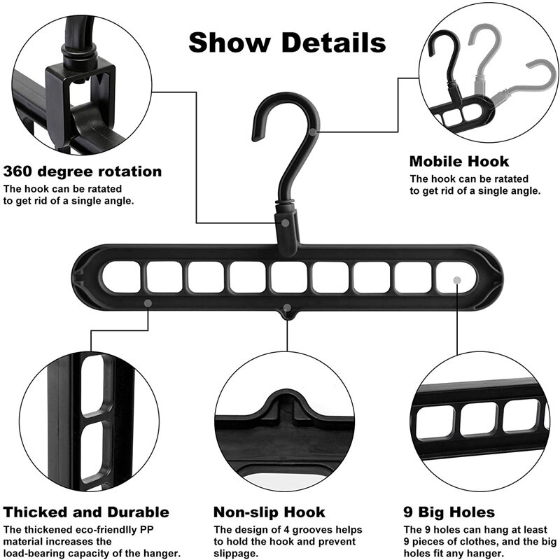 9 In1 Hole Clothes Hanger Multi-Function Folding Hanger Rotating Magic Space Plastic Storage Hangers Closet Storage Organization