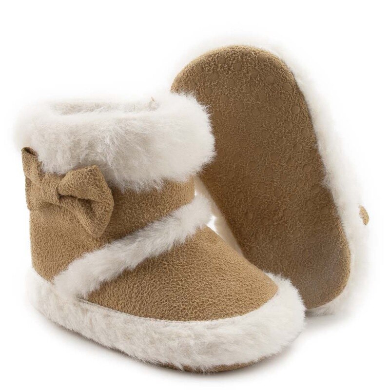 Baby Shoes Soft Sole Walking Shoes Bow Down Warm Snow Boots Khaki 12-18M In Autumn And Winter: Khaki / 13-18 Months