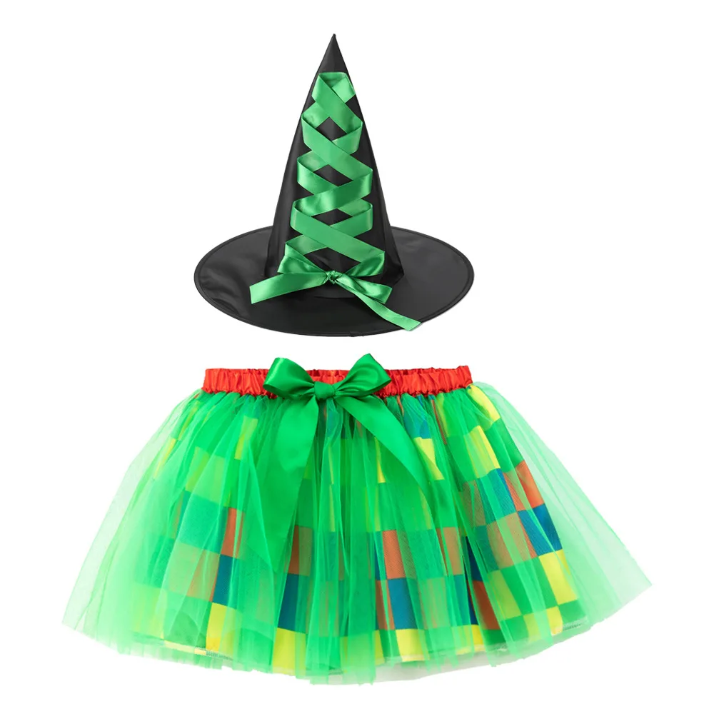 Children Girls Halloween Polka Dot Spiderweb Witch Skirt Hat Spider Web Tutu Outfit Party Dress Up Cosplay Costumes Carnival: S / Orange