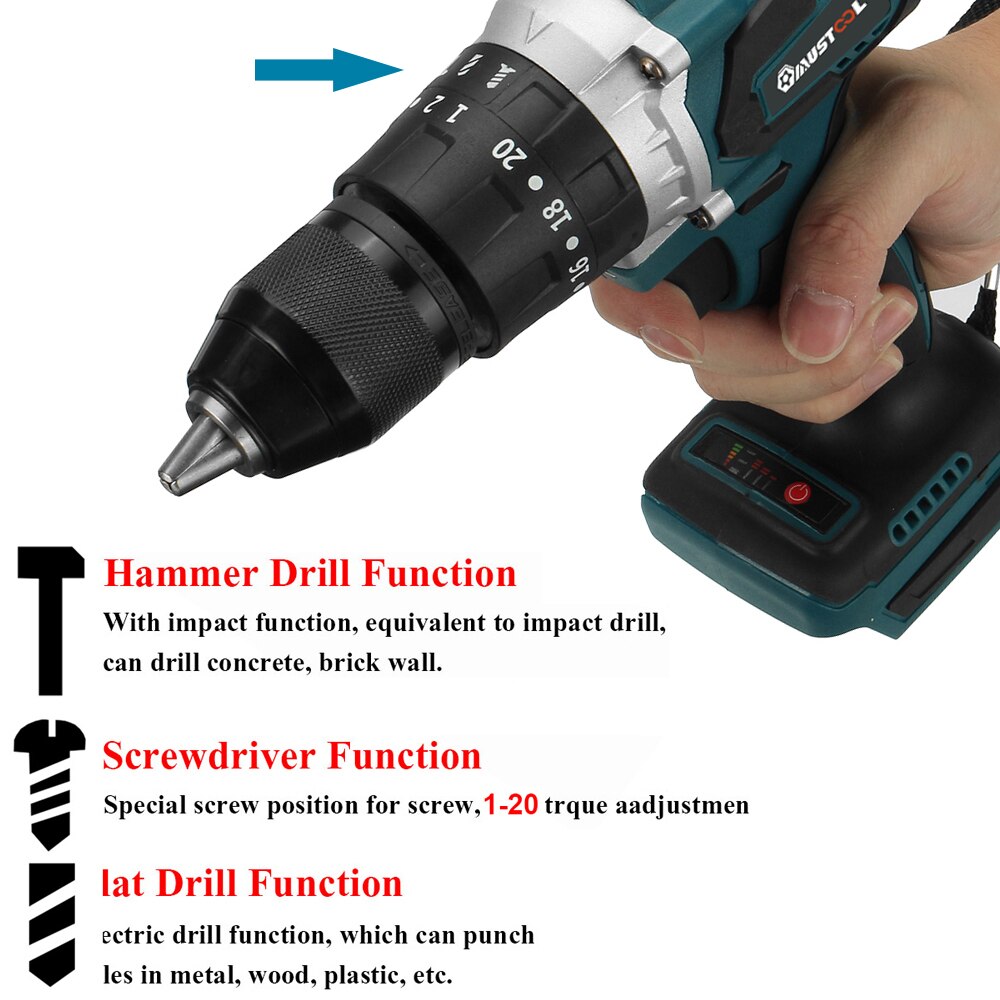 3 in 1 Brushless Electric Screwdriver Electric Hammer Drill 20+3 Torque Cordless Impact Drill For Makita 18V Battery Power Tools