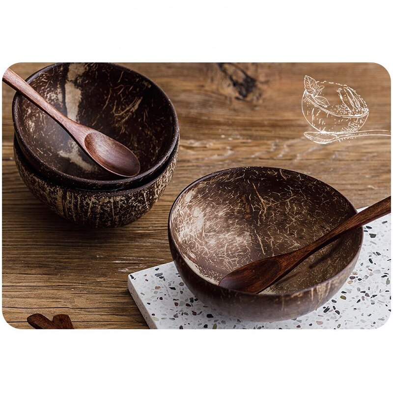 Sommar 12-15cm naturlig kokosnöt skål trä servis sked set kokos kök objekt ris ramen sallad hem dekorativ servis