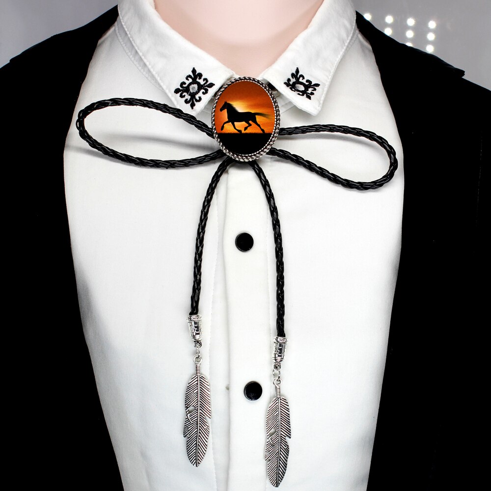 HZSHINLING Running Horse Bolo Tie Antique White Unicorn Horse glass photo cabochon Leather neck ties Necklace