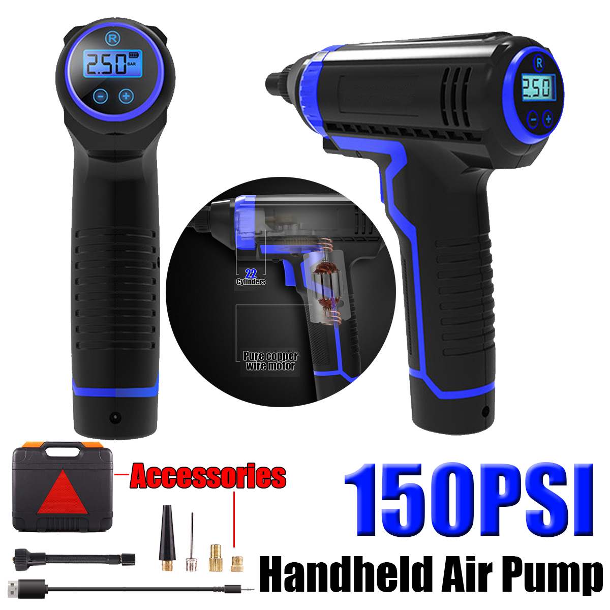 12V Protable Car Air Compressor Wireless Handheld Tire Inflator USB Charging Electric Air Inflator Pump For Motorcycles Cars