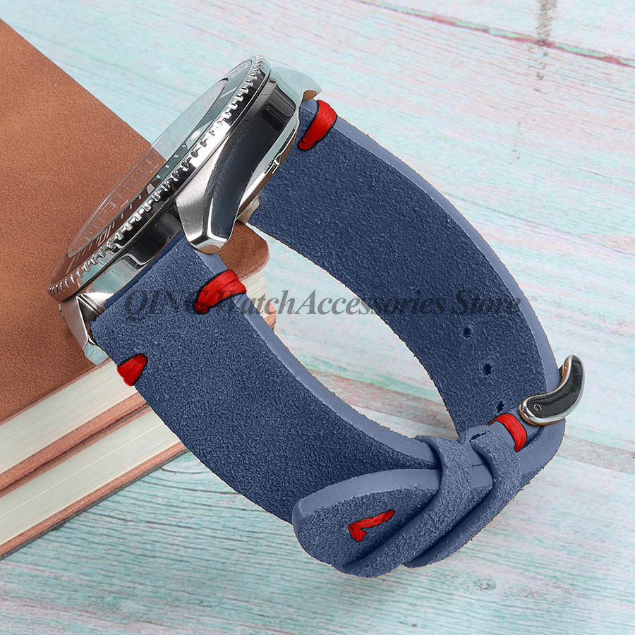 Suède stiksels lederen horlogeband 18mm 20mm 22mm Quick Release Vintage armband blauw bruin horlogeband vervanging: Deep Green / 18mm