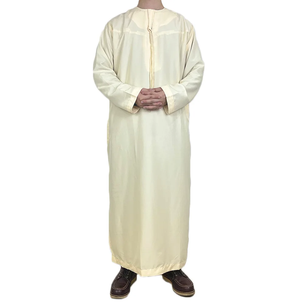 Túnica árabe para hombre, Color sólido, Jubba Thobe de con bolsillo, cuello redondo, Abaya larga, hombre islámico, Djellaba, caftán marroquí: L / YELLOW