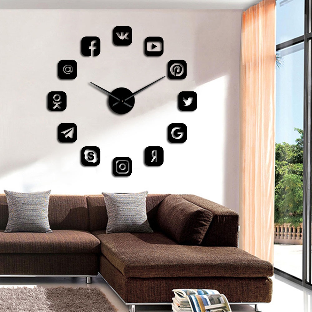 Social Media Symbols DIY Giant Wall Clock Watch Office College Dorm Decor 3D Frameless Icons Wall Time Clock for Teenagers